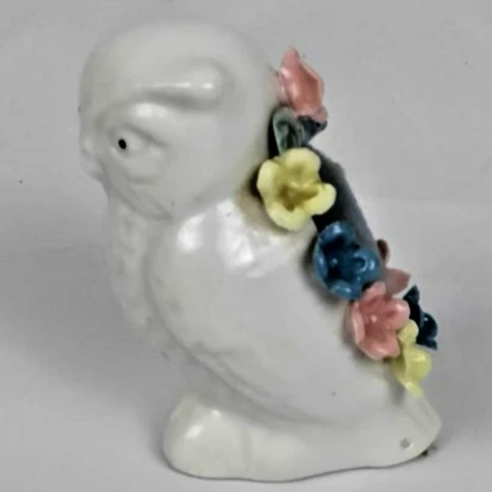 MCM Vintage Japan Owl Figurine Pincushion Pastel Flowers White Porcelain